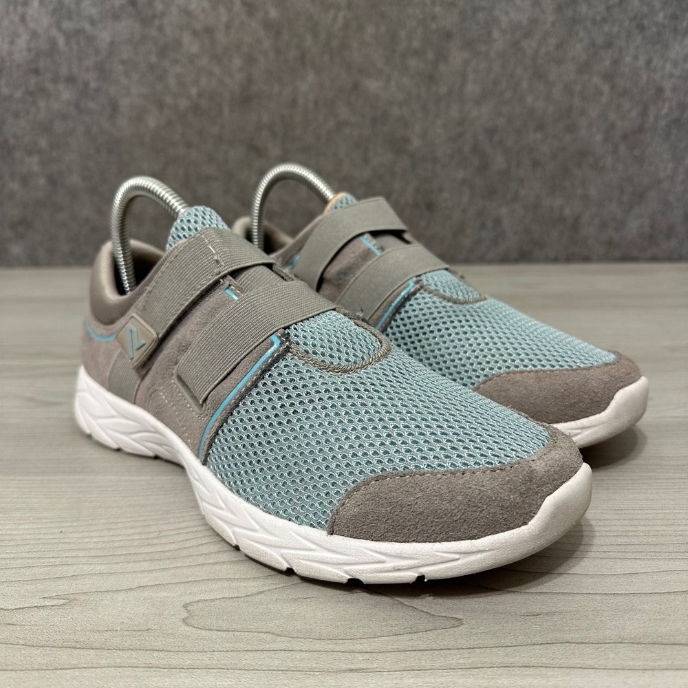 Vionic Ema Sneakers Womens 8.5 Grey Aqua Blue Mesh Suede Hook and Loop
